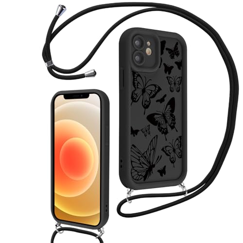 Hülle für iPhone 12 6.1" mit Band, Aesthetic Schmetterling Motiv Muster Design Handyhülle für Mädchen Frauen, Weich Silikon TPU Slim Stoßfest Anti-Vergilbung Schutzhülle mit Kordel, Schwarz 1 Hülle für iPhone 12 6.1" mit Band, Aesthetic Schmetterling Motiv Muster Design Handyhülle für Mädchen Frauen, Weich Silikon TPU Slim Stoßfest Anti-Vergilbung Schutzhülle mit Kordel, Schwarz 1 von Knrlqim
