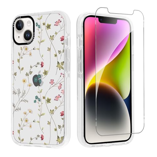 Hülle für iPhone 14 / iPhone 13 6,1" mit 1 Gehärtetem Glas Schutzfolie, Blumen Muster Motiv Transparent Ästhetik Handyhülle für Mädchen Frauen, Silikon Stoßfest Anti-Gelb Schutzhülle, Flower 02 Hülle für iPhone 14 / iPhone 13 6,1" mit 1 Gehärtetem Glas Schutzfolie, Blumen Muster Motiv Transparent Ästhetik Handyhülle für Mädchen Frauen, Silikon Stoßfest Anti-Gelb Schutzhülle, Flower 02 von Knrlqim