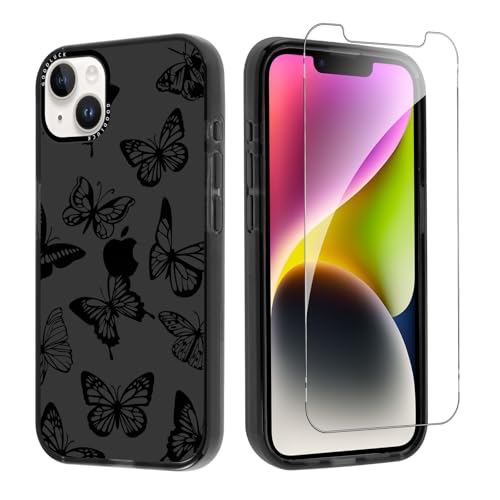 Knrlqim Hülle für iPhone 14 / iPhone 13 6,1" mit 1 Gehärtetem Glas Schutzfolie, Schmetterlinge Muster Transluzente Ästhetik Handyhülle für Mädchen Frauen, Silikon Anti-Gelb Schutzhülle, Schwarz 02 Knrlqim Hülle für iPhone 14 / iPhone 13 6,1" mit 1 Gehärtetem Glas Schutzfolie, Schmetterlinge Muster Transluzente Ästhetik Handyhülle für Mädchen Frauen, Silikon Anti-Gelb Schutzhülle, Schwarz 02 von Knrlqim