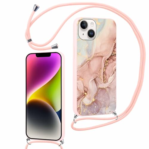 Hülle für iPhone 14 /iPhone 13 6.1" mit Band, Aesthetic Marmor Motiv Muster Design Handyhülle für Mädchen Frauen, Weich Silikon TPU Slim Stoßfest Anti-Vergilbung Schutzhülle mit Kordel, Roségold Hülle für iPhone 14 /iPhone 13 6.1" mit Band, Aesthetic Marmor Motiv Muster Design Handyhülle für Mädchen Frauen, Weich Silikon TPU Slim Stoßfest Anti-Vergilbung Schutzhülle mit Kordel, Roségold von Knrlqim