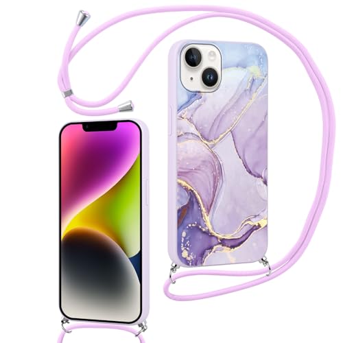 Hülle für iPhone 14 /iPhone 13 6.1" mit Band, Aesthetic Marmor Motiv Muster Design Handyhülle für Mädchen Frauen, Weich Silikon TPU Slim Stoßfest Anti-Vergilbung Schutzhülle mit Kordel, Lila Hülle für iPhone 14 /iPhone 13 6.1" mit Band, Aesthetic Marmor Motiv Muster Design Handyhülle für Mädchen Frauen, Weich Silikon TPU Slim Stoßfest Anti-Vergilbung Schutzhülle mit Kordel, Lila von Knrlqim
