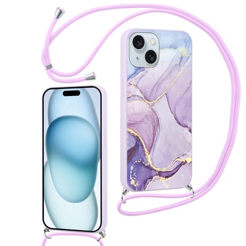 Hülle für iPhone 15 6.1" mit Band, Aesthetic Marmor Motiv Muster Design Handyhülle für Mädchen Frauen, Weich Silikon TPU Slim Stoßfest Anti-Vergilbung Schutzhülle mit Kordel, Lila Hülle für iPhone 15 6.1" mit Band, Aesthetic Marmor Motiv Muster Design Handyhülle für Mädchen Frauen, Weich Silikon TPU Slim Stoßfest Anti-Vergilbung Schutzhülle mit Kordel, Lila von Knrlqim