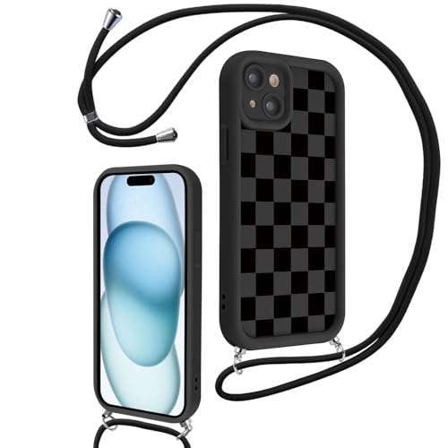 Hülle für iPhone 15 6.1" mit Band, Aesthetic Schachbrett Motiv Muster Design Handyhülle für Mädchen Frauen, Weich Silikon TPU Slim Stoßfest Anti-Vergilbung Schutzhülle mit Kordel, Schwarz 2 Hülle für iPhone 15 6.1" mit Band, Aesthetic Schachbrett Motiv Muster Design Handyhülle für Mädchen Frauen, Weich Silikon TPU Slim Stoßfest Anti-Vergilbung Schutzhülle mit Kordel, Schwarz 2 von Knrlqim