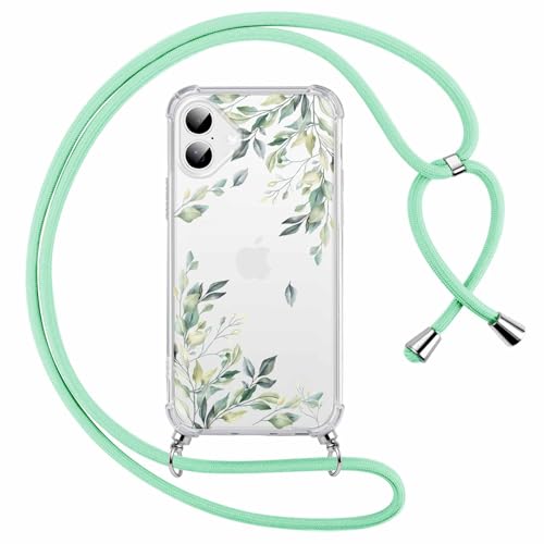Hülle für iPhone 16 6,1" mit Band, Aesthetic Blumen Motiv Muster Design Handyhülle für Mädchen Frauen, Transparent Harter PC Slim Stoßfest Anti-Vergilbung Schutzhülle mit Kordel, Grün Hülle für iPhone 16 6,1" mit Band, Aesthetic Blumen Motiv Muster Design Handyhülle für Mädchen Frauen, Transparent Harter PC Slim Stoßfest Anti-Vergilbung Schutzhülle mit Kordel, Grün von Knrlqim