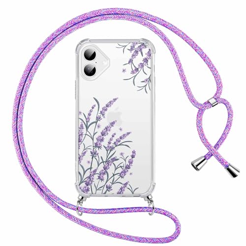 Hülle für iPhone 16 6,1" mit Band, Aesthetic Blumen Motiv Muster Design Handyhülle für Mädchen Frauen, Transparent Harter PC Slim Stoßfest Anti-Vergilbung Schutzhülle mit Kordel, Lila 02 Hülle für iPhone 16 6,1" mit Band, Aesthetic Blumen Motiv Muster Design Handyhülle für Mädchen Frauen, Transparent Harter PC Slim Stoßfest Anti-Vergilbung Schutzhülle mit Kordel, Lila 02 von Knrlqim