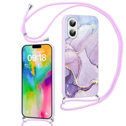 Hülle für iPhone 16 6.1" mit Band, Aesthetic Marmor Motiv Muster Design Handyhülle für Mädchen Frauen, Weich Silikon TPU Slim Stoßfest Anti-Vergilbung Schutzhülle mit Kordel, Lila Hülle für iPhone 16 6.1" mit Band, Aesthetic Marmor Motiv Muster Design Handyhülle für Mädchen Frauen, Weich Silikon TPU Slim Stoßfest Anti-Vergilbung Schutzhülle mit Kordel, Lila von Knrlqim