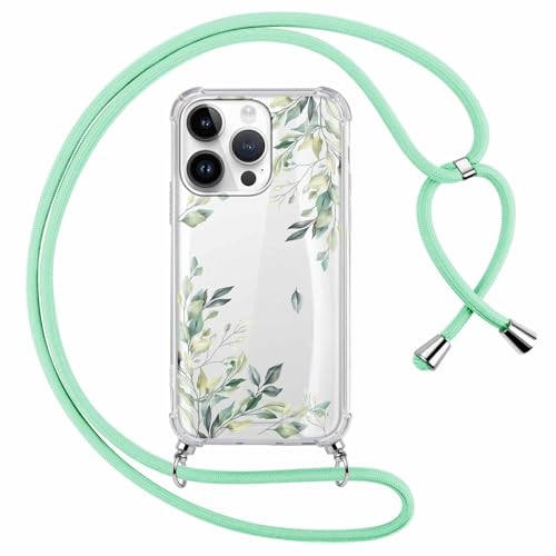 Hülle für iPhone 16 Pro 6,3" mit Band, Aesthetic Blumen Motiv Muster Design Handyhülle für Mädchen Frauen, Transparent Harter PC Slim Stoßfest Anti-Vergilbung Schutzhülle mit Kordel, Grün Hülle für iPhone 16 Pro 6,3" mit Band, Aesthetic Blumen Motiv Muster Design Handyhülle für Mädchen Frauen, Transparent Harter PC Slim Stoßfest Anti-Vergilbung Schutzhülle mit Kordel, Grün von Knrlqim