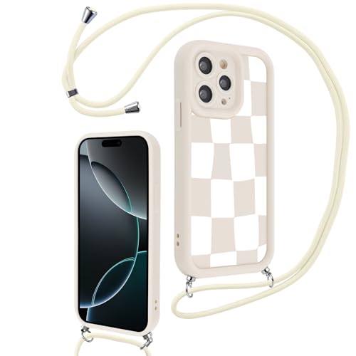 Hülle für iPhone 16 Pro 6.3" mit Band, Aesthetic Schachbrett Motiv Muster Design Handyhülle für Mädchen Frauen, Weich Silikon TPU Slim Stoßfest Anti-Vergilbung Schutzhülle mit Kordel, Beige 2 Hülle für iPhone 16 Pro 6.3" mit Band, Aesthetic Schachbrett Motiv Muster Design Handyhülle für Mädchen Frauen, Weich Silikon TPU Slim Stoßfest Anti-Vergilbung Schutzhülle mit Kordel, Beige 2 von Knrlqim