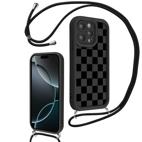 Hülle für iPhone 16 Pro 6.3" mit Band, Aesthetic Schachbrett Motiv Muster Design Handyhülle für Mädchen Frauen, Weich Silikon TPU Slim Stoßfest Anti-Vergilbung Schutzhülle mit Kordel, Schwarz 2 von Knrlqim