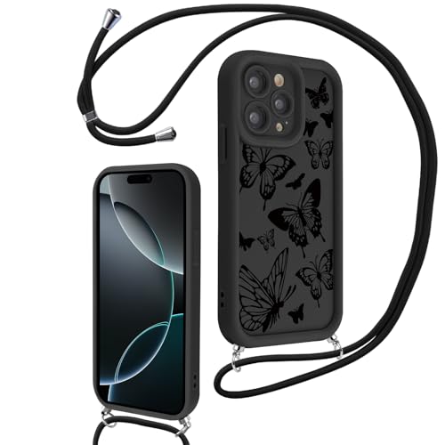 Hülle für iPhone 16 Pro 6.3" mit Band, Aesthetic Schmetterling Motiv Muster Design Handyhülle für Mädchen Frauen, Weich Silikon TPU Slim Stoßfest Anti-Vergilbung Schutzhülle mit Kordel, Schwarz 1 Hülle für iPhone 16 Pro 6.3" mit Band, Aesthetic Schmetterling Motiv Muster Design Handyhülle für Mädchen Frauen, Weich Silikon TPU Slim Stoßfest Anti-Vergilbung Schutzhülle mit Kordel, Schwarz 1 von Knrlqim