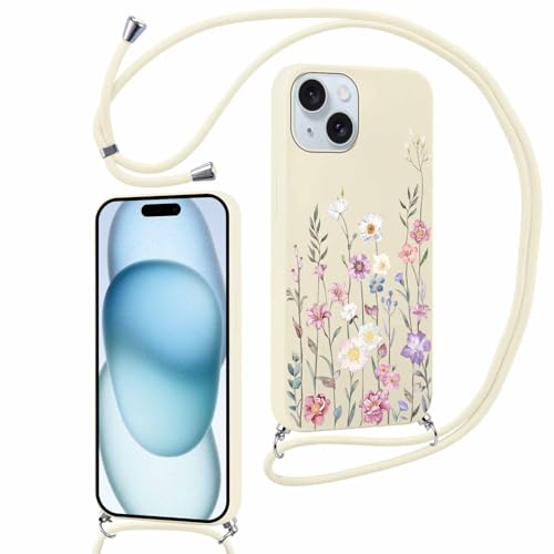 Knrlqim Handyhülle Handykette für iPhone 15 6,1“ mit Band, Silikon Stoßfest Schutzhülle Kordel Cover mit Aesthetic Blumen Muster zum Nylon Umhängen Kette, Blumen 2 Knrlqim Handyhülle Handykette für iPhone 15 6,1“ mit Band, Silikon Stoßfest Schutzhülle Kordel Cover mit Aesthetic Blumen Muster zum Nylon Umhängen Kette, Blumen 2 von Knrlqim