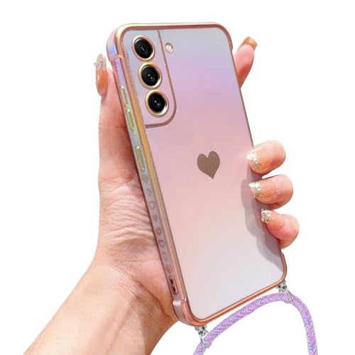 Knrlqim Handykette für Samsung Galaxy S21 FE 5G Hülle mit Band,Handyhülle zum Umhängen Schutzhülle mit Kette Kordel Schillernde Matte TPU Silikon Case mit Liebe Herz Muster Goldener Rand,Lila von Knrlqim