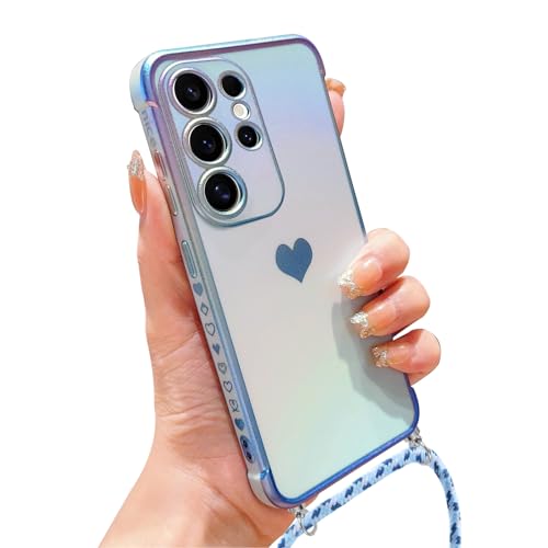 Knrlqim Handykette für Samsung Galaxy S24 Ultra 5G Hülle mit Band,Handyhülle zum Umhängen Schutzhülle mit Kette Kordel Schillernde Matte TPU Silikon Case mit Liebe Herz Muster Goldener Rand,Blau Knrlqim Handykette für Samsung Galaxy S24 Ultra 5G Hülle mit Band,Handyhülle zum Umhängen Schutzhülle mit Kette Kordel Schillernde Matte TPU Silikon Case mit Liebe Herz Muster Goldener Rand,Blau von Knrlqim