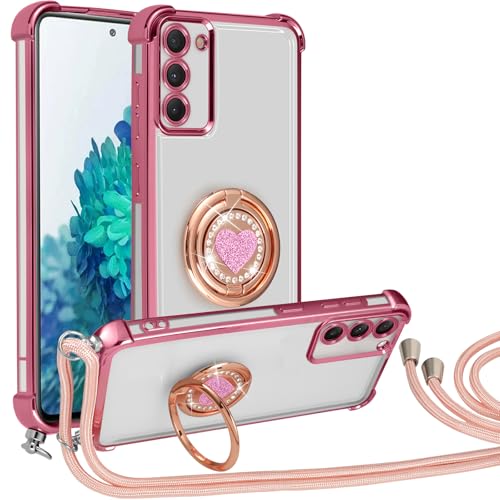 Knrlqim Handykette für Samsung Galaxy S20 FE（5G）/S20 Lite Hülle mit Band,Herzen Doppelring Ständer Luxus Glitzer Handyhülle,Transparent Schutzhülle mit Kordel Case Frauen Cover,Rosa von Knrlqim