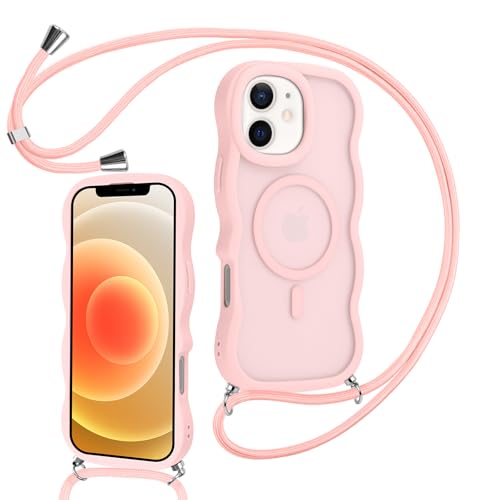 Knrlqim Handykette für iPhone 12/iPhone 12 Pro mit Band, Matt Magnetisch Handyhülle mit Kordel zum Umhängen,Stoßfest Wellen Transluzente Rückseite Schutzhülle Case,Rosa von Knrlqim