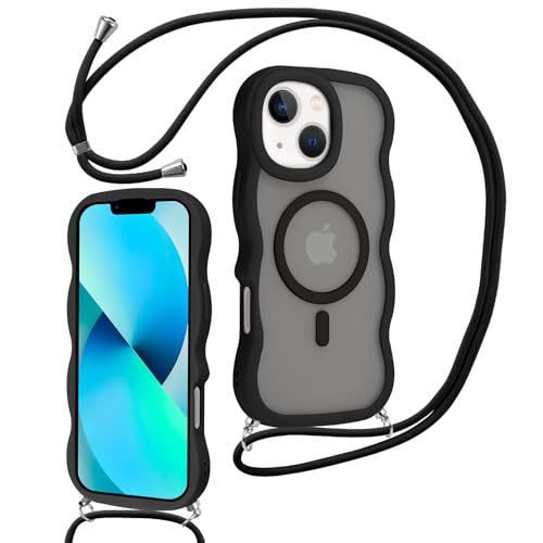 Knrlqim Handykette für iPhone 13/iPhone 14 mit Band,Matt Magnetisch Handyhülle mit Kordel zum Umhängen,Stoßfest Wellen Transluzente Rückseite Schutzhülle Case,Schwarz von Knrlqim