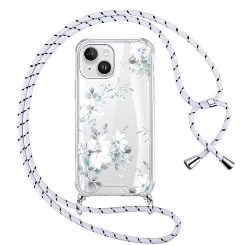 Knrlqim Handykette für iPhone 15 Hülle mit Band, Transparent Aesthetic Blumen Motiv Silikon Handyhülle mit Kette Kordel zum Umhängen Stoßfest Kratzfest Anti-Vergilbung Schutzhülle von Knrlqim