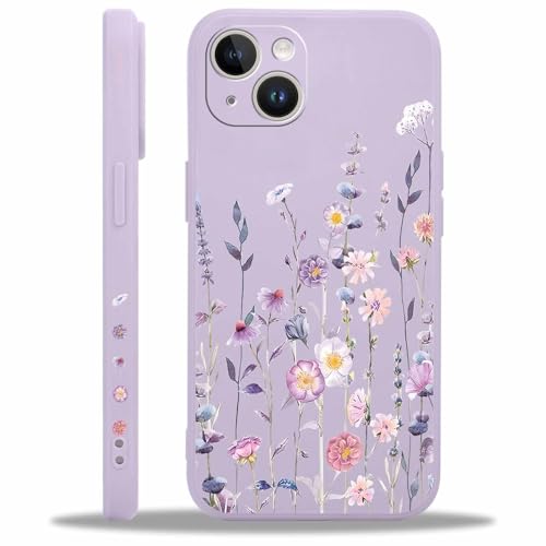 Hülle Blumen für iPhone 14 6,1", Bunt Cute Motiv Aesthetic Muster Design Handyhülle für Mädchen Frauen, Weich Silikon TPU Slim Stoßfest Kratzfest Schutzhülle Kameraschutz, Lila von Knrlqim