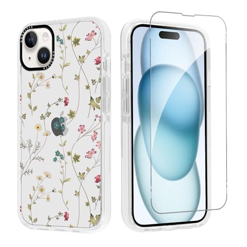 Knrlqim Hülle für iPhone 15 6,1" mit 1 Gehärtetem Glas Schutzfolie, Blumen Muster Motiv Transparent Ästhetik Kawaii Handyhülle für Mädchen Frauen, Silikon Stoßfest Anti-Gelb Schutzhülle, Flower 02 von Knrlqim