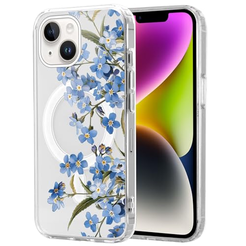 Knrlqim Magnetisch Hülle für iPhone 13/iPhone 14 6,1", Transparent Soft Handyhülle mit Blumen Muster, Kompatibel mit MagSafe Silikon Aesthetic Niedlich durchsichtig Stoßfest Schutzhülle, Blumen 2 von Knrlqim