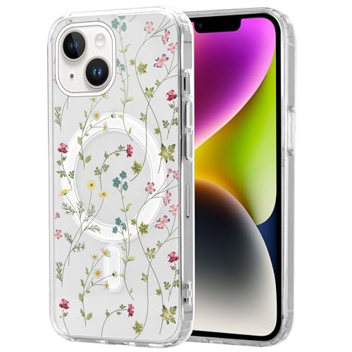 Knrlqim Magnetisch Hülle für iPhone 13/iPhone 14 6,1", Transparent Soft Handyhülle mit Blumen Muster, Kompatibel mit MagSafe Silikon Aesthetic Niedlich durchsichtig Stoßfest Schutzhülle, Blumen 5 von Knrlqim