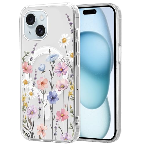 Knrlqim Magnetisch Hülle für iPhone 15 6,1", Transparent Soft Handyhülle mit Blumen Muster, Kompatibel mit MagSafe Silikon Aesthetic Niedlich durchsichtig Stoßfest Schutzhülle, Blumen 1 von Knrlqim