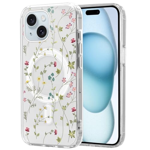Knrlqim Magnetisch Hülle für iPhone 15 6,1", Transparent Soft Handyhülle mit Blumen Muster, Kompatibel mit MagSafe Silikon Aesthetic Niedlich durchsichtig Stoßfest Schutzhülle, Blumen 5 von Knrlqim
