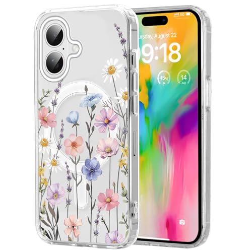 Knrlqim Magnetisch Hülle für iPhone 16 6,1", Transparent Soft Handyhülle mit Blumen Muster, Kompatibel mit MagSafe Silikon Aesthetic Niedlich durchsichtig Stoßfest Schutzhülle, Blumen 1 von Knrlqim