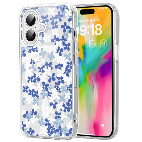 Knrlqim Magnetisch Hülle für iPhone 16 6,1", Transparent Soft Handyhülle mit Blumen Muster, Kompatibel mit MagSafe Silikon Aesthetic Niedlich durchsichtig Stoßfest Schutzhülle, Blumen 3 von Knrlqim