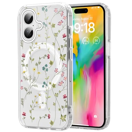 Knrlqim Magnetisch Hülle für iPhone 16 6,1", Transparent Soft Handyhülle mit Blumen Muster, Kompatibel mit MagSafe Silikon Aesthetic Niedlich durchsichtig Stoßfest Schutzhülle, Blumen 5 von Knrlqim