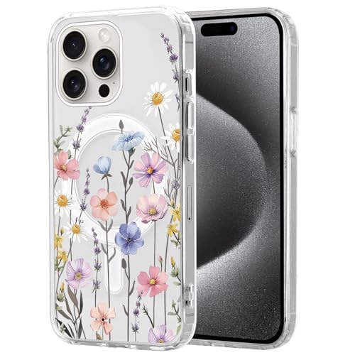 Knrlqim Magnetisch Hülle für iPhone 16 Pro 6,3", Transparent Soft Handyhülle mit Blumen Muster, Kompatibel mit MagSafe Silikon Aesthetic Niedlich durchsichtig Stoßfest Schutzhülle, Blumen 1 von Knrlqim
