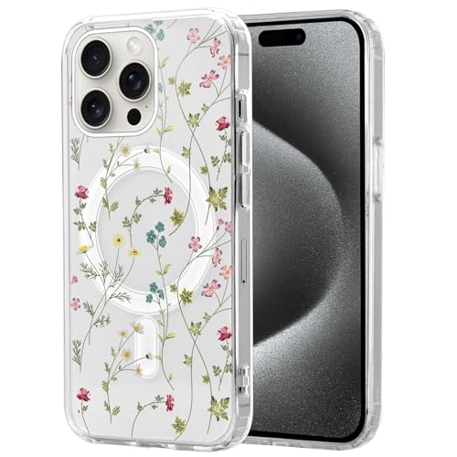 Knrlqim Magnetisch Hülle für iPhone 16 Pro 6,3", Transparent Soft Handyhülle mit Blumen Muster, Kompatibel mit MagSafe Silikon Aesthetic Niedlich durchsichtig Stoßfest Schutzhülle, Blumen 5 von Knrlqim