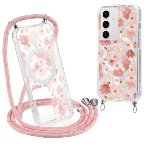Knrlqim Magnetische Handykette Hülle für Samsung Galaxy S24 6,2" mit Band, Kompatibel mit MagSafe, Aesthetic Transparent mit Umhängeband Silikon + Schwer PC Schutzhülle Motiv Schutzhülle, Blumen 1 von Knrlqim