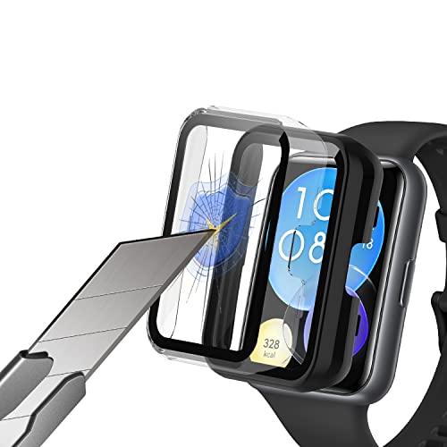 KoGiio Hülle Kompatibel mit Huawei Watch Fit 2 [2 Stück], 9H Härte Mit Glasfolie Schutzfolie, Anti Kratzen PC Hülle, 3D Vollständige Abdeckung Schutzhülle für Huawei Watch Fit 2-Transparent+Schwarz von KoGiio