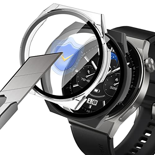 KoGiio Hülle für Huawei Watch GT 3 Pro 46mm 2 Stück, 9H Härte Mit Glasfolie Schutzfolie, Anti Kratzen PC Hülle, 3D Vollständige Abdeckung Schutzhülle für Huawei Watch GT 3 Pro 46mm-Transparent+Schwarz von KoGiio