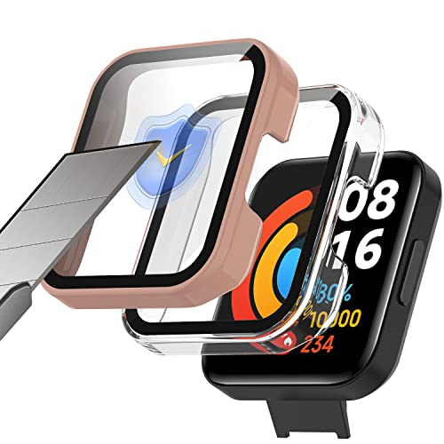 KoGiio Hülle für Xiaomi Redmi Watch 2 Lite [2 Stück], 9H Härte Mit Glasfolie Schutzfolie, Anti Kratzen PC Hülle, 3D Vollständige Abdeckung Schutzhülle für Xiaomi Redmi Watch 2 Lite-Rosa+Transparent von KoGiio