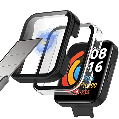 KoGiio Hülle für Xiaomi Redmi Watch 2 Lite [2 Stück], 9H Härte Mit Glasfolie Schutzfolie, Anti Kratzen PC Hülle 3D Vollständige Abdeckung Schutzhülle für Xiaomi Redmi Watch 2 Lite-Transparent+Schwarz von KoGiio