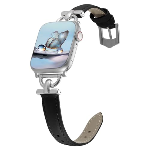 KoGiio Leder Armband Kompatibel mit Apple Watch (41mm 40mm 38mm), Damen Frauen Armbänder Uhrenarmband für Series 9 8 7 6 5 4 3 2 1 SE, D-förmiger Metallschließe - Schwarz von KoGiio