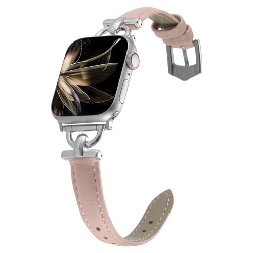 KoGiio Leder Armband Kompatibel mit Apple Watch Series 9/8/7/6/5/4/3/2/1/SE/SE 2/Ultra 2/Ultra, Damen Frauen Armbänder Uhrenarmband für (42mm/44mm/45mm/49mm), D-förmiger Metallschließe - Rosa von KoGiio