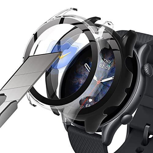 KoGiio Pro [2 Stück], 9H Härte Mit Glasfolie Schutzfolie, Anti Kratzen PC Hülle, 3D Vollständige Abdeckung Schutzhülle für Amazfit GTR 3/GTR 3 Pro -Transparent + Schwarz von KoGiio
