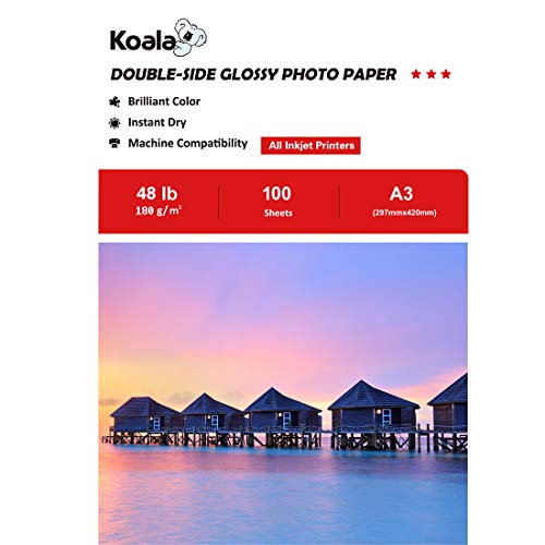 Koala Fotopapier für Tintenstrahldrucker, Doppelseitig, Glänzend, A3, 180 g/m², 100 Blatt. Geeignet zum Drucken von Fotos, Zertifikaten, Broschüren, Flyern, Faltblättern, Grußkarten, Kalendern, Kunst von Koala