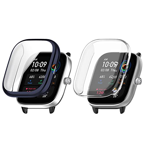 Kobmand 2 Stück Hülle Kompatibel mit Amazfit GTS 4 MINI, TPU Vollständige Abdeckung Schutzfolie Cover Case Schutzhülle für Amazfit GTS 4 MINI (clear+midnight blue) von Kobmand