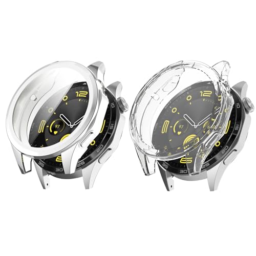 Kobmand 2 Stück Hülle Kompatibel mit Huawei Watch GT 4 46mm Schutzhülle, Tpu Vollständige Abdeckung Schutzfolie Cover Case Schutzhülle für Huawei Watch GT 4 46mm (silver+clear) von Kobmand