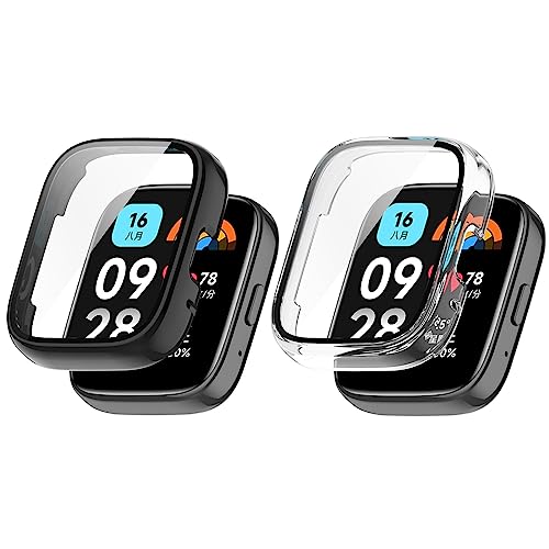 Kobmand 2 Stück Hülle Kompatibel mit Redmi watch 3 Lite/Redmi Watch 3 Active, Vollständige Abdeckung Schutzfolie Cover Case Schutzhülle für Redmi watch 3 Lite (black+clear) von Kobmand