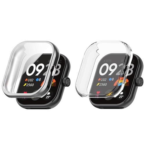 Kobmand 2 Stück Hülle Kompatibel mit Xiaomi Redmi Watch 4 Schutzhülle, TPU Vollständige Abdeckung Schutzfolie Cover Case Schutzhülle für Xiaomi Redmi Watch 4 (Clear+Silver) von Kobmand