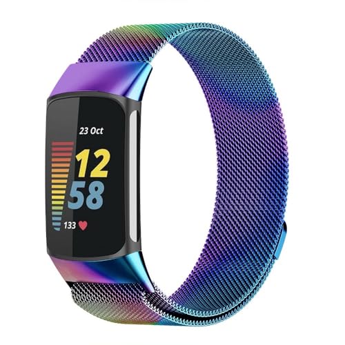 Koelaa Metall Armband Kompatibel mit Fitbit Charge 6/Charge 5, Männer und Frauen Atmungsaktiv Ersatzarmband, Gewebte Mesh Metall Uhrenarmband, Magnetisch Ersatzarmband-Bunt von Koelaa