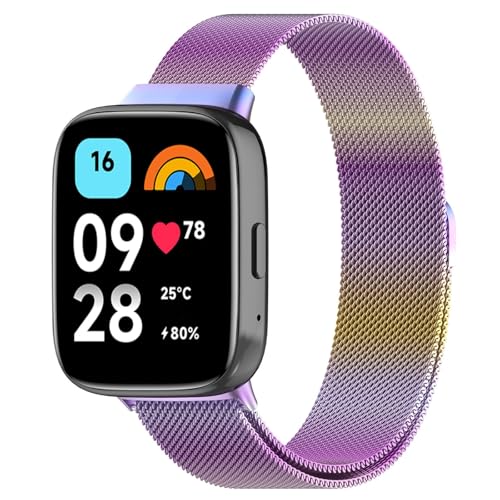 Koelaa Metall Armband Kompatibel mit Xiaomi Redmi Watch 3 Active, Männer und Frauen Atmungsaktiv Ersatzarmband, Gewebte Mesh Metall Uhrenarmband, Magnetisch Ersatzarmband-Regenbogenfarbe von Koelaa