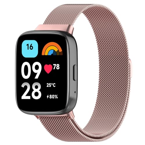 Koelaa Metall Armband Kompatibel mit Xiaomi Redmi Watch 3 Active, Männer und Frauen Atmungsaktiv Ersatzarmband, Gewebte Mesh Metall Uhrenarmband, Magnetisch Ersatzarmband-Rosarot von Koelaa