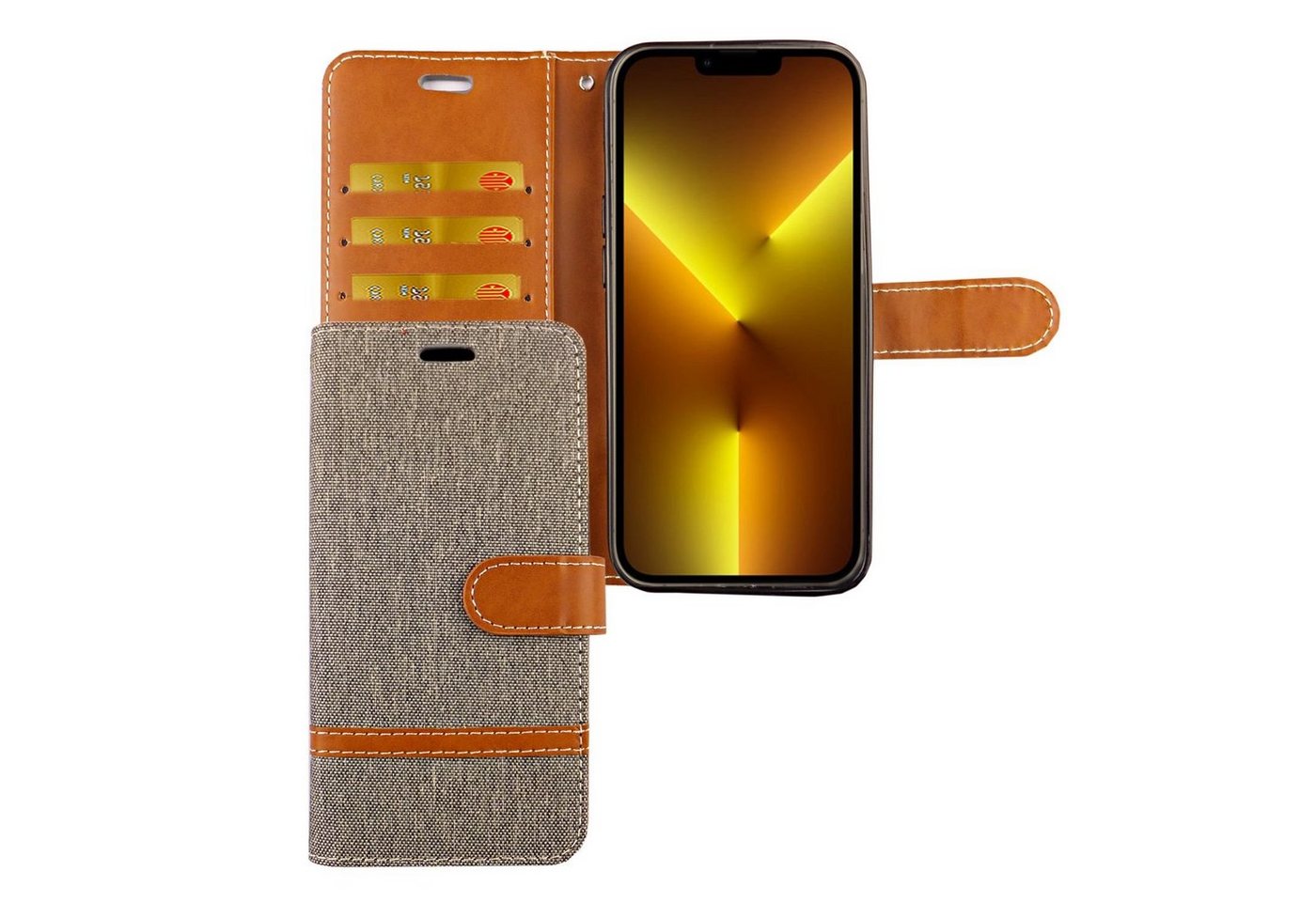 König Design Handyhülle Apple iPhone 13 mini, Schutzhülle für Apple iPhone 13 mini Tasche Handy Hülle Schutz-Cover Flip-Case mit Kartenfach Jeans Grau von König Design