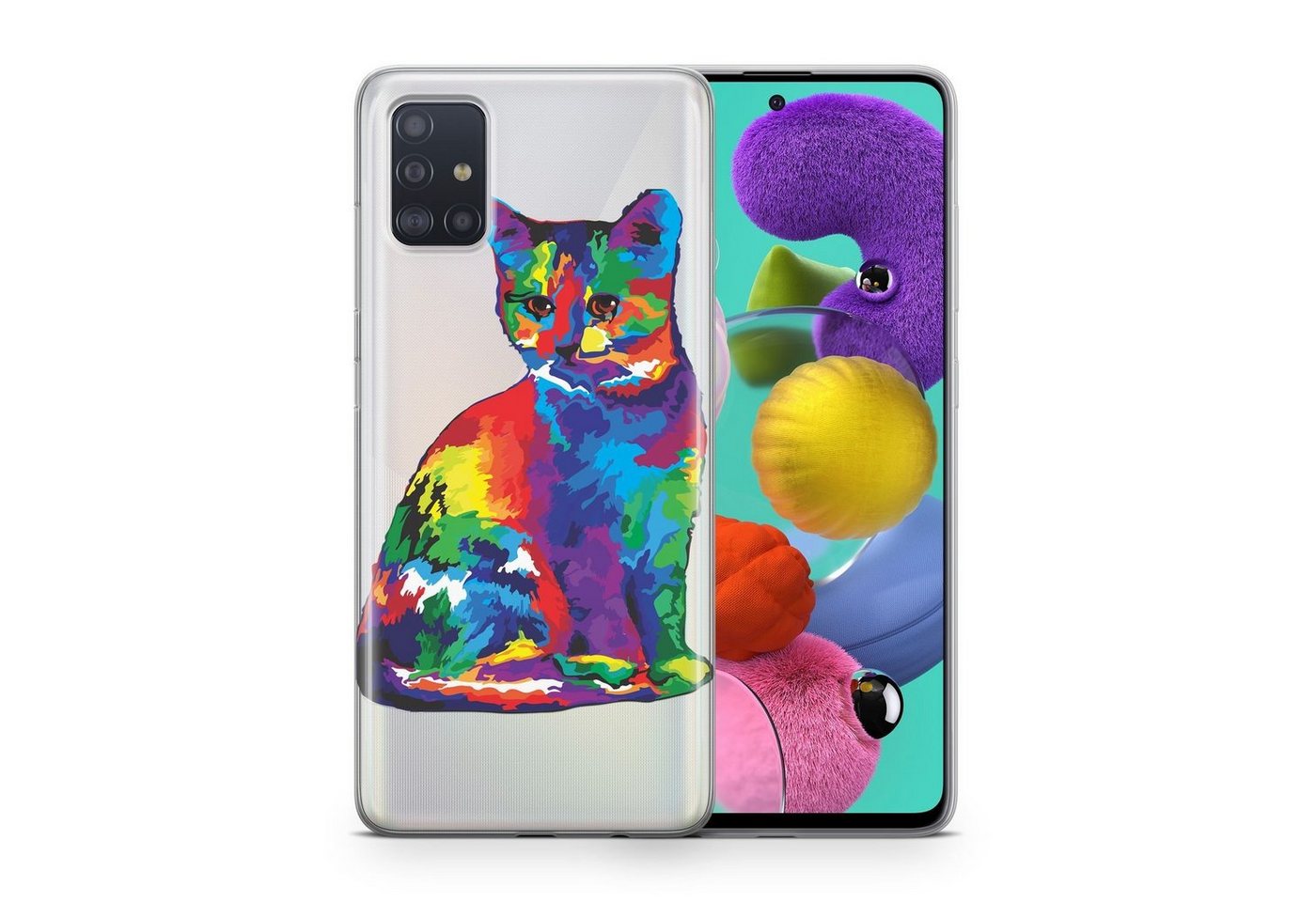 König Design Handyhülle Google Pixel 3a, Schutzhülle für Google Pixel 3a Motiv Handy Hülle Silikon Tasche Case Cover Bunte Katze von König Design